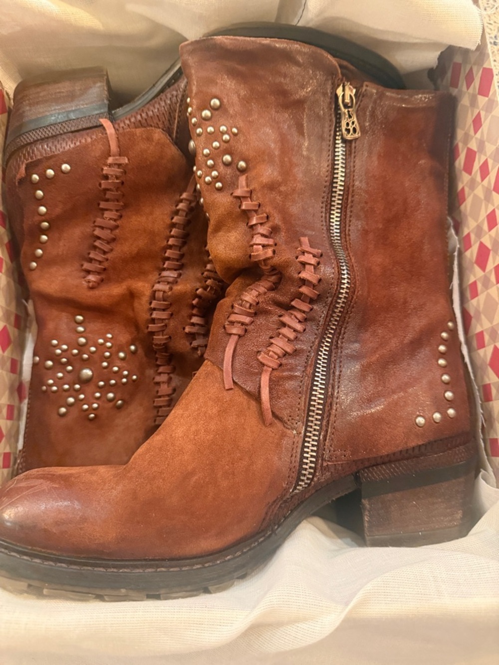 A.S.98 Brown Studded Leather Ankle Boots with Side Zip
